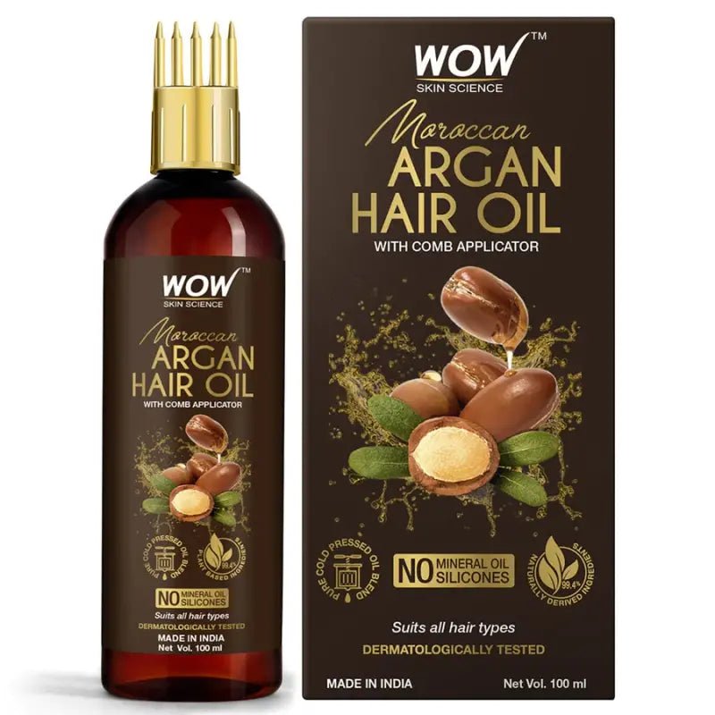 WOW Skin Science Moroccan Argan Hair Oil 100mL with Comb Applicator | No Silicones or Mineral Oil