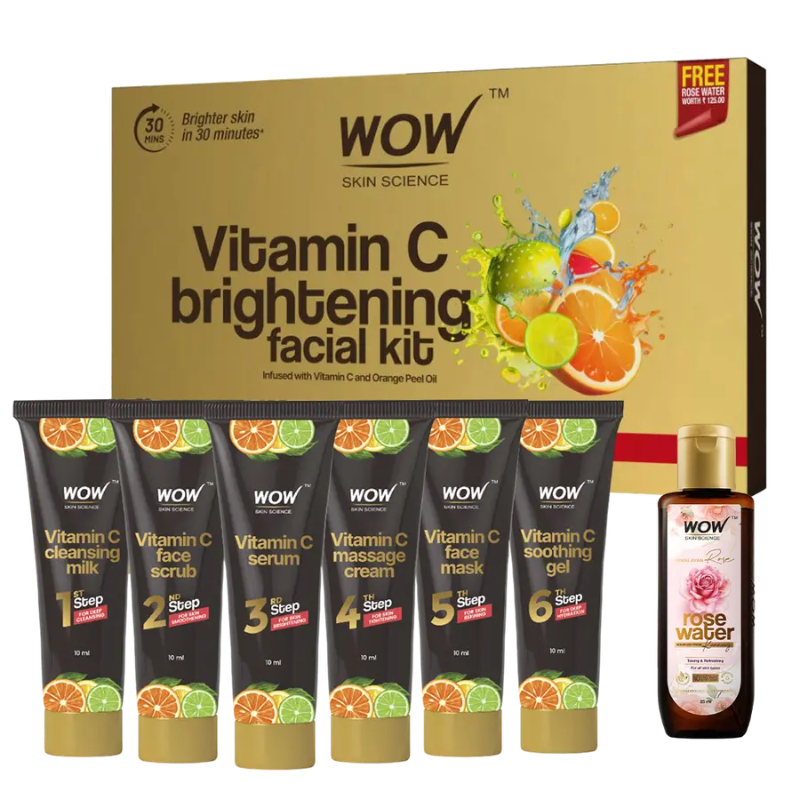 WOW Skin Science Vitamin C Brightening Facial Kit with Rose Water | For All Skin Types | 6 Easy Steps | For Brighter and Even Toned Skin |For Men & Women | Pack of 7