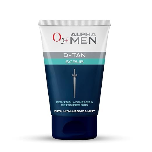 O3+ ALPHA MEN Acno D-TAN Scrub With Hyaluronic & Mint 50g – Detan Scrub for TAN removal | Fights Blackheads & Detoxifies Skin