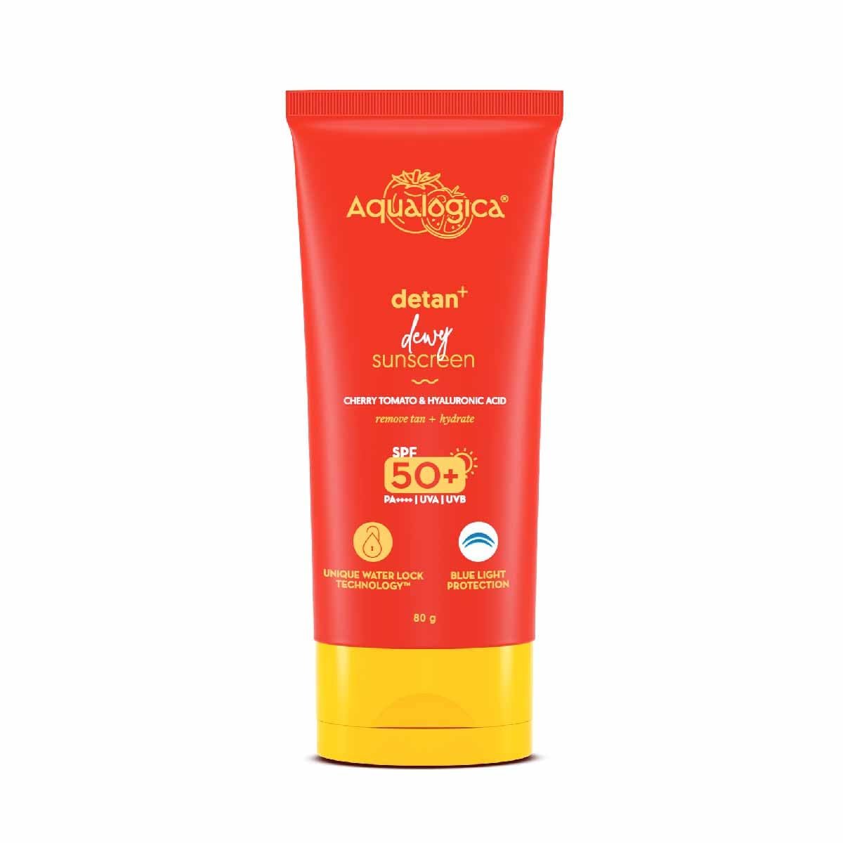 Aqualogica Detan+ Dewy Sunscreen Gel with Cherry Tomato & Hyaluronic Acid with SPF 50 & PA++++ – 80g