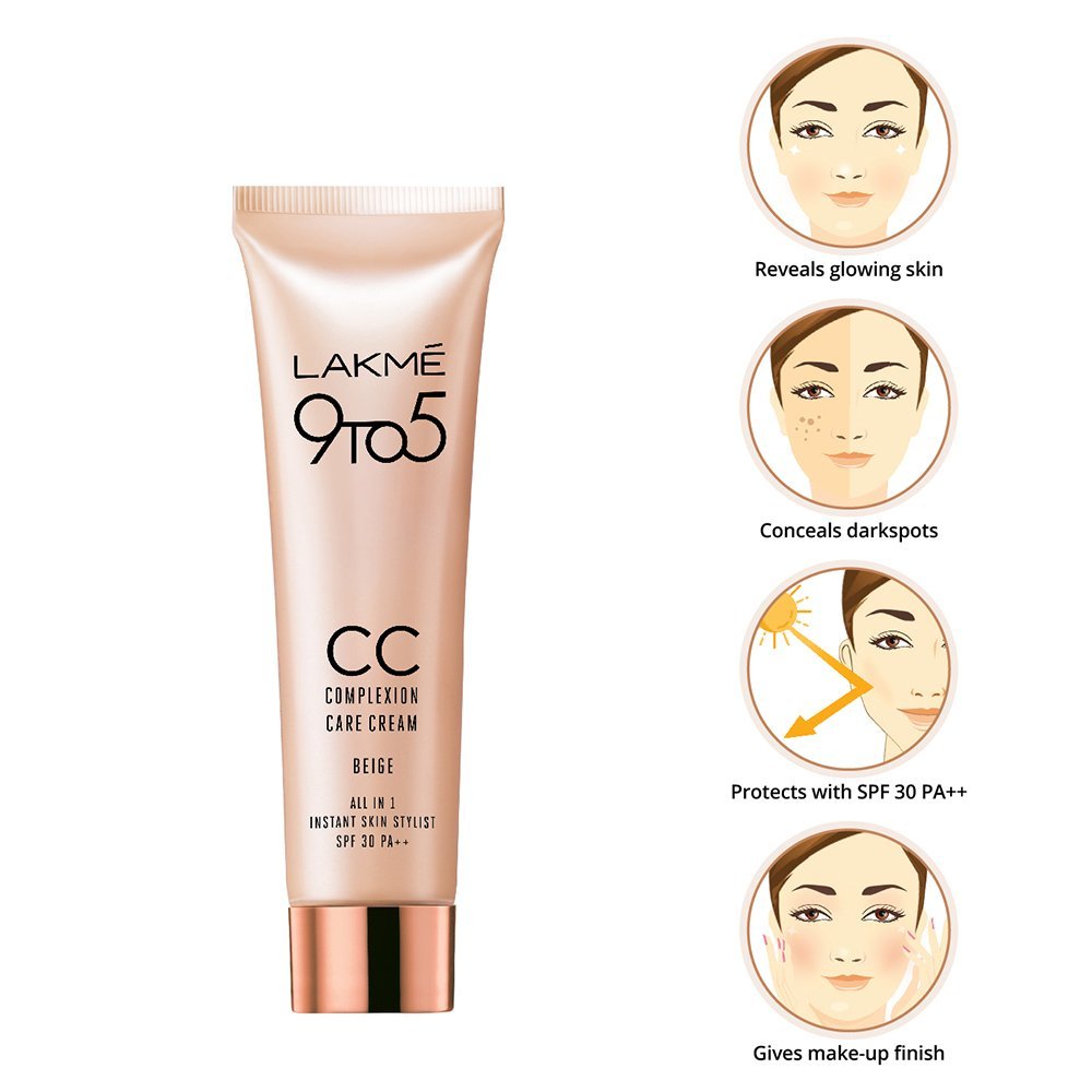 Lakme 9 to 5 CC Cream Mini, 01 – Beige, Light Face Makeup with Natural Coverage, SPF 30 – Tinted Moisturizer to Brighten Skin, Conceal Dark Spots, 9 g