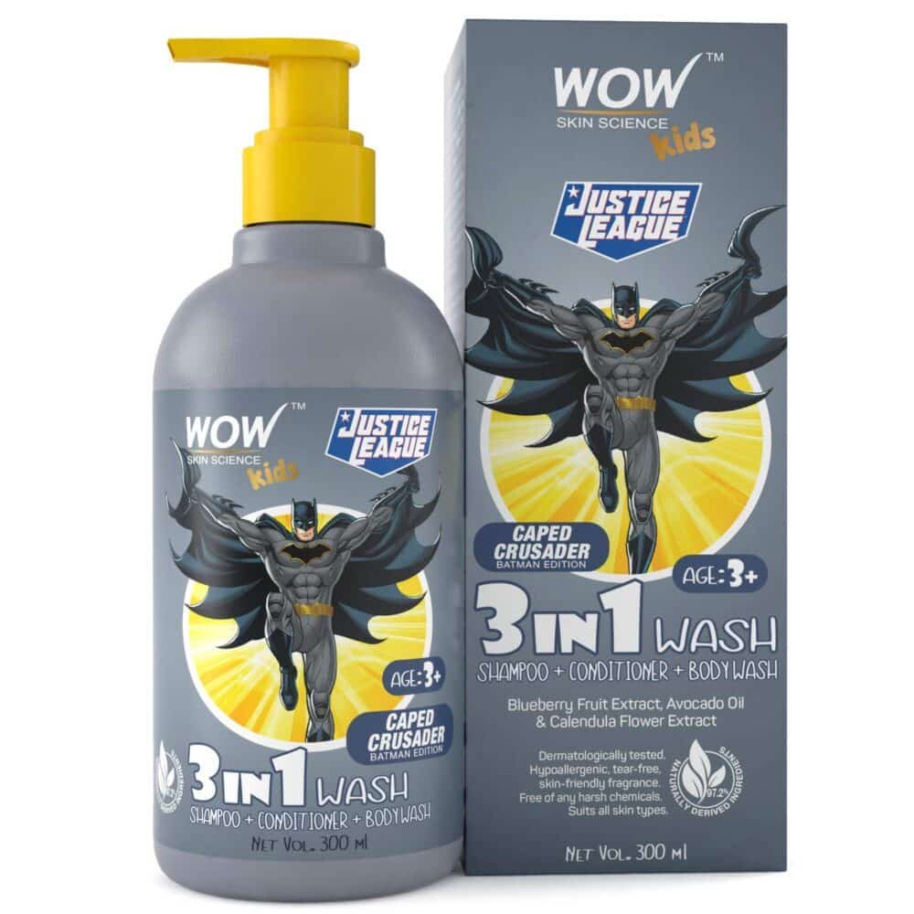 WOW Skin Science Kids 3 in 1 Wash - Shampoo + Conditioner + Body Wash - Caped Crusader Batman Edition - No Parabens, Color, Mineral Oil, Silicones & Sulphate, 300 ml