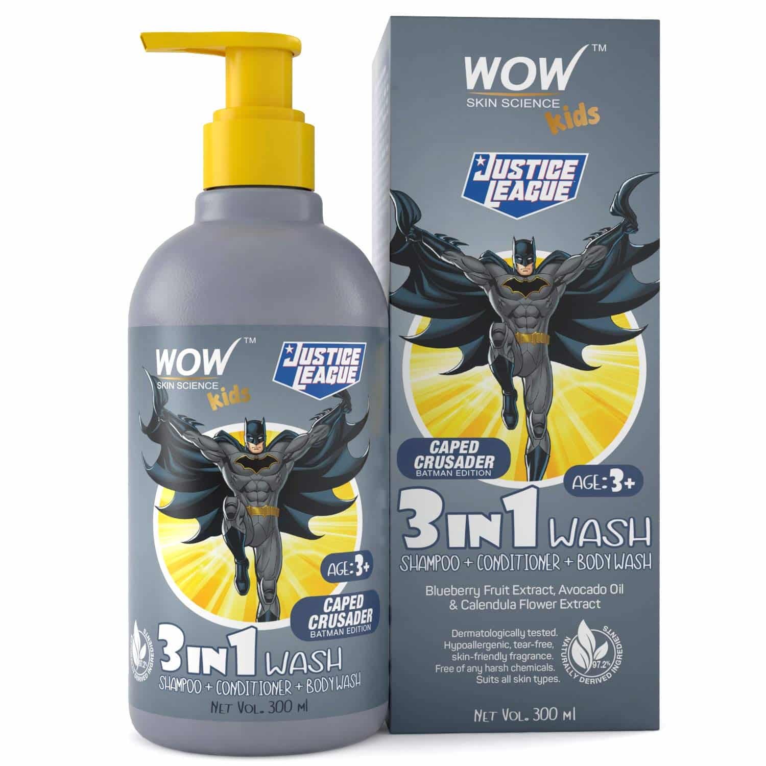 WOW Skin Science Kids 3 in 1 Wash – Shampoo + Conditioner + Body Wash – Caped Crusader Batman Edition – No Parabens, Color, Mineral Oil, Silicones & Sulphate, 300ml