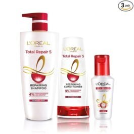 L’Oreal Paris Repairing Shampoo + Restoring Conditioner + Smoothening and Repairing Serum For Damaged and Weak Hair, With Pro-Keratin, Ceramide+UV Filter, Total Repair 5, Bundle pack