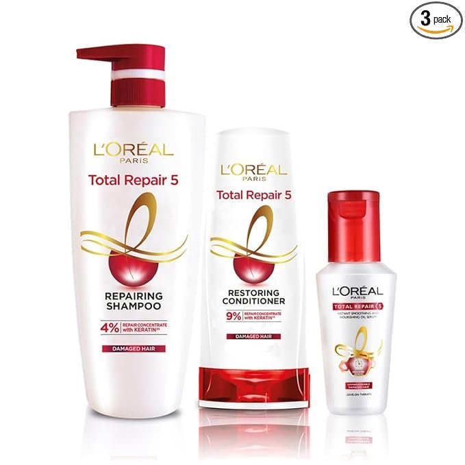 L’Oreal Paris Repairing Shampoo + Restoring Conditioner + Smoothening and Repairing Serum For Damaged and Weak Hair, With Pro-Keratin, Ceramide+UV Filter, Total Repair 5, Bundle pack
