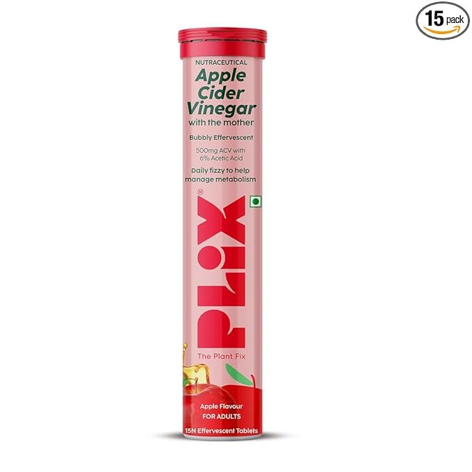Plix Apple Cider Vinegar Effervescent Tablets With Mother | Enriched with Vitamin B6 & B12 | | No Added Sugar | Refreshing Apple Flavor | 15 Tablets, Easy to Carry