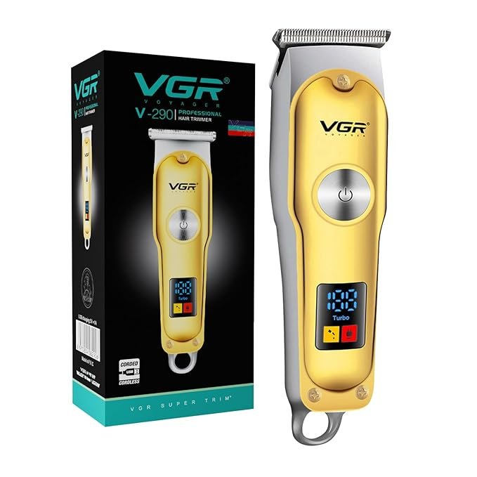 VGR V-290 Professional Hair Trimmer for Men – Precision T-Blade with Turbo Mode | 120-Min Runtime, LED Display | USB Type-C Corded & Cordless Use (Gold)